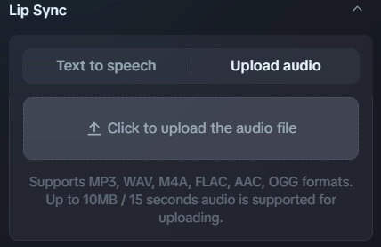 Dreamina AI Avatar: 'Upload Audio File' option highlighted for voice input
