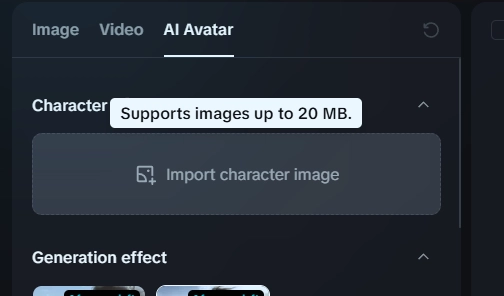 Dreamina AI Avatar: Image upload section with 'Upload Image' button highlighted