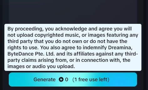 Dreamina AI Avatar: 'Generate' video button highlighted to start animation process